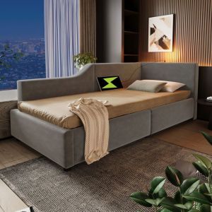 Lit Adulte Simple 90x190CM - Canapé-lit Coffre Avec Chargement USB-C Lampe De Lecture Et Sommier à Lattes - Velours Gris