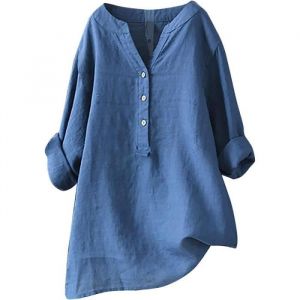 2023 Chemise Femme Coton Lin Blouse Ete Casual Chic Elégant Oversize Couleur Unie Grande Taille Ample Col V Bouton Manche Longue
