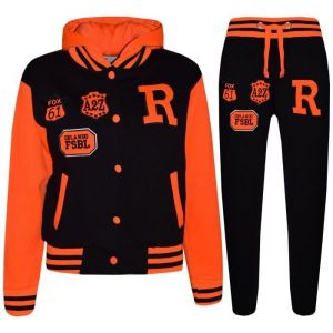 Surv&ecirc;tement de baseball am&eacute;ricain unisexe pour enfants R Fashion Varsity - Noir & orange fluo - Manches longues