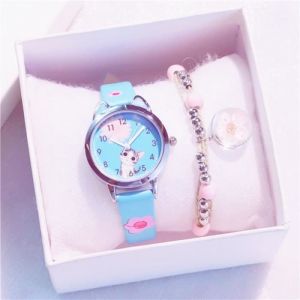 Montre enfant fille garcon Bracelet quartz Motif chat dessin anim&eacute; bleu - Coffret Cadeau