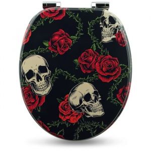 Sanfino&reg; Abattant WC en bois avec frein de chute qualit&eacute; sup&eacute;rieure nombreux motifs color&eacute;s confortable - Rose Skull