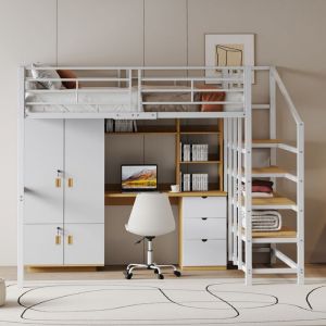 Lit mezzanine 140 x 200 Lit enfant Lit superposé avec escalier Niveau inférieur pour rangement ou canapé - blanc
