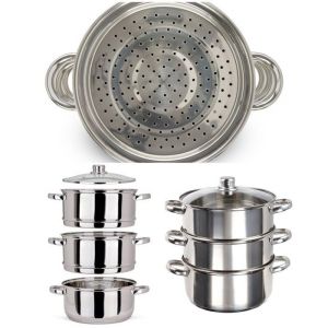 Cuiseur vapeur Acier inoxydable Ø 24 cm 1 faitout de 4 L + 2 paniers vapeur de 3 L et un couvercle Compatible tous feux dont