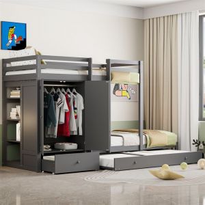Lit Superposé 3 PlacesLit Triple Enfant90 x 200 cmavec Rangement lit TripleGarde-RobeTiroirCompartimenten BoisGris
