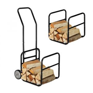 Relaxdays Chariot à bois 2 en 1 panier à bûches avec roues en acier jusqu’à 45 kg transport & rangement noir