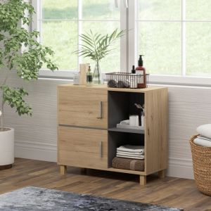 Meuble de salle de bain meuble de rangement avec compartiments ouverts et placard dim. 80 x 35 x 70 cm bois naturel