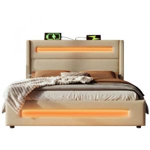 Lemonbest Lit simple rembourré 180x200cm avec LED rangement hydraulique et chargement USB Type-Ccadre lit en métal lattes en bois