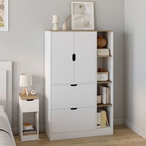 IDMARKET Meuble de rangement L. 80 cm NOUK pour bureau chambre entr&eacute;e avec 3 portes et 2 tiroirs blanc et bois