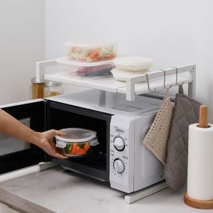 HSTURYZ &Eacute;tag&egrave;re Extensible Gain de Place pour Four &agrave; Micro-ondes avec 3 Crochets (40-65cm x 36.5cm x 42cm) Blanc