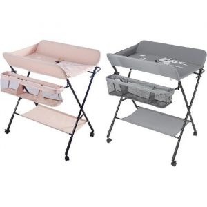 Table à Langer Mobile et Pliable Commode à langer à Roulettes Hauteur Réglable avec Panier de Rangement