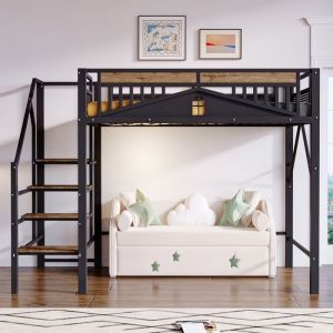 Lit mezzanine enfant en m&eacute;tal 140x200 cm Lit adulte avec barri&egrave;re de s&eacute;curit&eacute; &eacute;chelle et sommiers &agrave; lattes - noir
