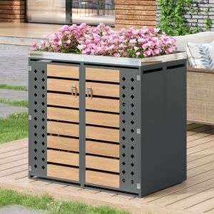 Abri Cache Poubelle de Jardin pour 2 poubelles standard 132&times;80&times;1245 cm 2 portes verrouillables M&eacute;tal Gris + Bois