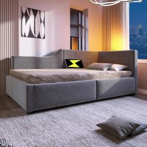 Lit enfant 90x190 cm Lit coffre avec liseuse et fonction de recharge USB-C Gris