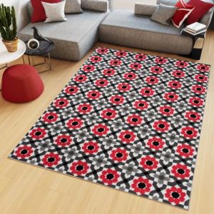 TAPISO Tapis Salon Poil Court Maya Rouge Gris Blanc Noir Fleures Polypropyl&egrave;ne Int&eacute;rieur 200x300 cm