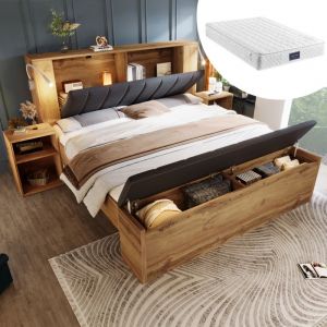 MODFU Lit adulte capitonn&eacute; 160x200 cm avec rangement banc coffre lampe de lecture 2 chevets lin ch&ecirc;ne matelas inclus