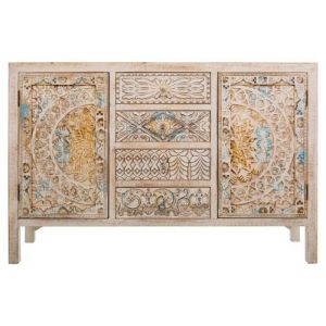 Buffet meuble de rangement en bois avec 4 tiroirs et 2 portes coloris blanc vieilli - Longueur 120 x Profondeur 35 x Hauteur 80 cm