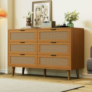 Commode avec 6 Tiroirs en Rotin Buffet Salon en Bois CasierArmoire Chambre Poignées Métalliques Noyer 120x40x76.5cm
