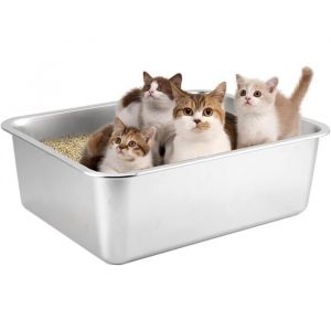 BAC A LITIERE - WOODOURS - Bac liti&egrave;re XXL chat inox 50&times;35&times;15 cm grande capacit&eacute; antiadh&eacute;sif facile &agrave; laver