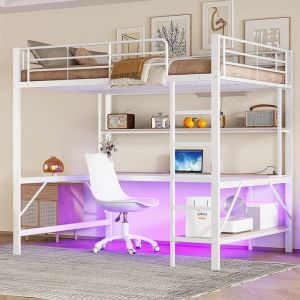 Lit mezzanine 140x200 cm garde-corps escabeau &eacute;clairage dambiance t&eacute;l&eacute;command&eacute; bureau &eacute;tag&egrave;re &agrave; plusieurs niveaux m&eacute;tal blanc