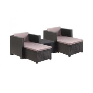 Salon de Jardin de 4 places en r&eacute;sine tress&eacute;e anthracite (2 fauteuils + 2 poufs + table basse)
