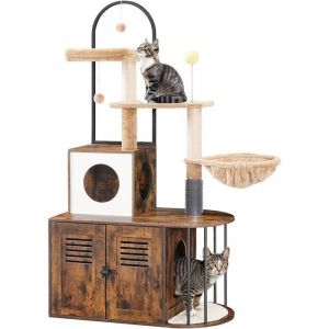 HOOBRO Arbre &agrave; Chat avec Maison de Liti&egrave;re pour Chat avec Tour &agrave; Chat 80 x 45 x 145 cm Marron Rustique