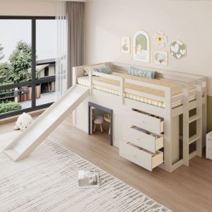 Lit mezzanine mi-hauteur 90 x 200 cm lit enfant avec toboggan trois tiroirs et barri&egrave;re de s&eacute;curit&eacute; lit en bois massif beige
