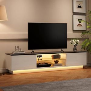 Meuble TV - 160x32x30cm - avec LED RGB Connect&eacute; - Rangement Portes & &Eacute;tag&egrave;res Verre - Charge 50kg - Blanc Laqu&eacute; & Noir