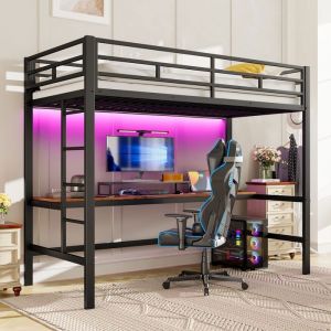 Lit mezzanine90x200 avec LED lit adulte avec table USB et prise bande lumineuse à commande filaire lit jeune barrière.