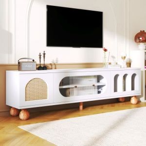 Meuble TV 170cm avec porte en rotin porte coulissante en verre pieds en bois massif trois zones arquées ouvertes blanc