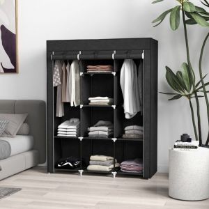 Penderie Souple Armoire tissu pliante 125x43x163cm tringle et 8 &eacute;tag&egrave;res - Garde-robe dressing  gain de place entr&eacute;e chambre noire