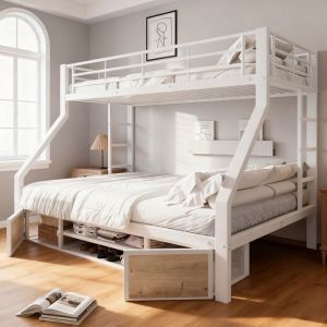 Lit superposé 3 places 90/140x200cm lit ado lit adulte avec barrière de sécurité et armoire à chaussuresCadre métalblanc