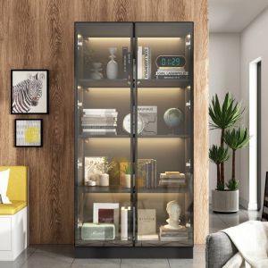 Vitrine pour Collection avec Portes en Verre et LED - FUFU&GAGA - Design Pop-up - Noir - Bureau - 160x60x40 cm
