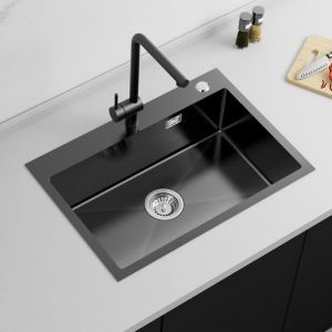 &Eacute;vier 1 Bac 65x45x19CM &Eacute;vier &agrave; Encastrer en Acier Inox 304 &Eacute;vier Cuisine Gris-noir avec Ensemble de Drainage