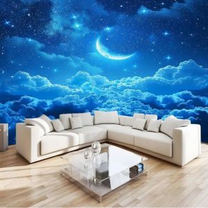 Papier Peint Panoramique étoiles bleu ciel étoilé lune Papier Peint Soie Geant 350x256cm pour Salon Chambre Décoration Murale