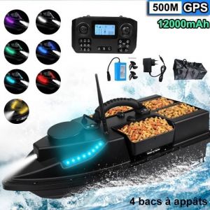 Bateau Amorceur GPS - Intelligent - 500m T&eacute;l&eacute;command&eacute; - 12000mAh - 2Kg Capacit&eacute; - 4 Bacs Ind&eacute;pendants