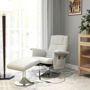 Fauteuil relax massant avec pouf fauteuil TV avec dossier inclinable si&egrave;ge pivotant &agrave; 360&deg; 78 x 95 x 88 cm cr&egrave;me
