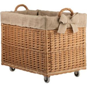 Coffre de rangement en osier ,Panier à linge rectangle en osier avec roulettes et doublure en tissu jute