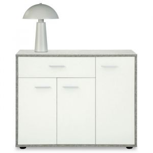 Meuble à chaussures CAMILLE commode meuble de rangement avec 1 tiroir et 3 portes en bois coloris béton et blanc