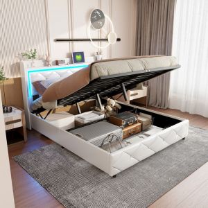 Lit 160x200 cm t&ecirc;te de lit capitonn&eacute;e en cristal port USB lit coffre cuir PU blanc