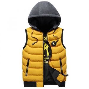 Doudoune R&eacute;versible Capuche Homme Hiver Sans Manches Veste Zippee Chaude Couleur Unie - Jaune