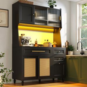 Buffet de Cuisine 120 x 45 x 1955 cm Noir avec Portes Coulissantes en PE Rotin et LED Meuble Haut avec 3 Tiroirs et Vitrine
