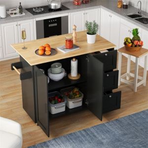 Meuble Cuisine avec Plan de Travail Pliable Ilot Central Cuisine avec RangementDesserte Ilot à RoulettesNoir et