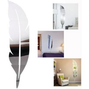 Miroir autocollant - DIY - Plume 3D - Argent - 120x30cm - D&eacute;coration murale moderne