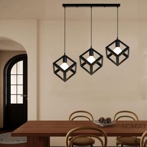 Lustre Cr&eacute;atif Vintage en Fer TOKIUS Suspension Luminaire D&eacute;corative Carr&eacute;e pour Salon Bar Salle &agrave; manger (3 T&ecirc;tes avec Barre Noir)