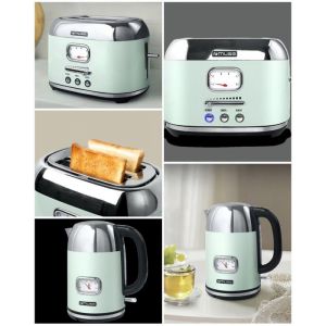 BOUILLOIRE VERT RETRO VINTAGE SANS FIL 2200W 1.7L INOX + GRILLE-PAIN VERT 2 FENTES INOX