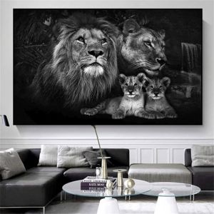 Moderne noir et blanc Animal Art toile peinture b&eacute;b&eacute; Lion famille affiches Art photo pour salon d&eacute;cor (40x60cm Avec cadre)