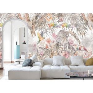 3D Papier Peint Jungle Soie Tropicale Rose Plantes FleurFeuilleOiseau Perroquet Murales Poster pour Chambre Décoration 350x256cm