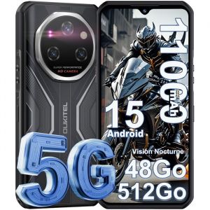 OUKITEL WP55 Pro 5G Telephone Portable Incassable Android 15 - 48Go+512Go 120Hz 6.6FHD+ 2.4K 108MP+32MP 11000mAh 33W NFC/OTG Noir