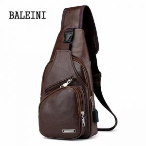 Sac à dos en cuir pour hommes - CAMEL - USB - Bandoulière - Marron