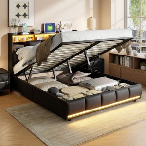 Structure de lit 160x200cmbande lumineuse de chevet en PU noir+charge et bande lumineusede chevet lit coffre